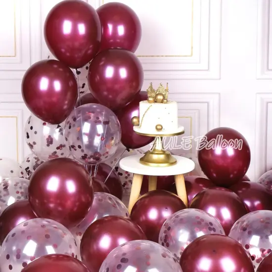 Party Balloons Pack of 42 - Metallic Burgundy Balloons and Confetti Latex Helium Balloons With 64ft Ribbons - 12 Inch Mroon Chrome Balloon Decoration Set {2}