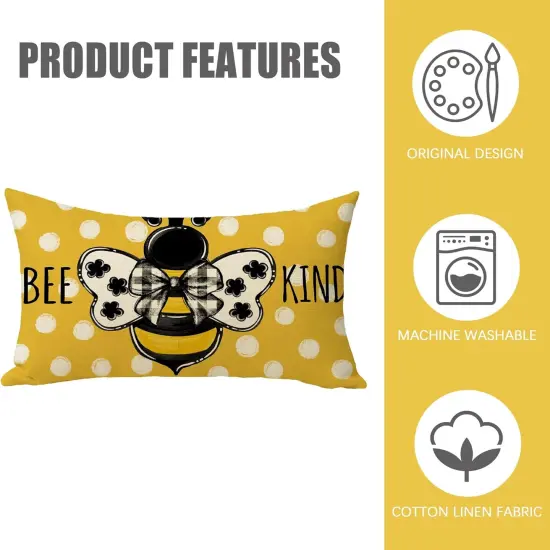 Spring Honey Bee Kind Lumbar Decorative Rectangle Pillow Cover 12 x 20, Summer Bumble Bee Yellow Porch Patio Outdoor Pillowcase, Polka Dots Seasonal Sofa Couch Cushion Case Home Decor {3}