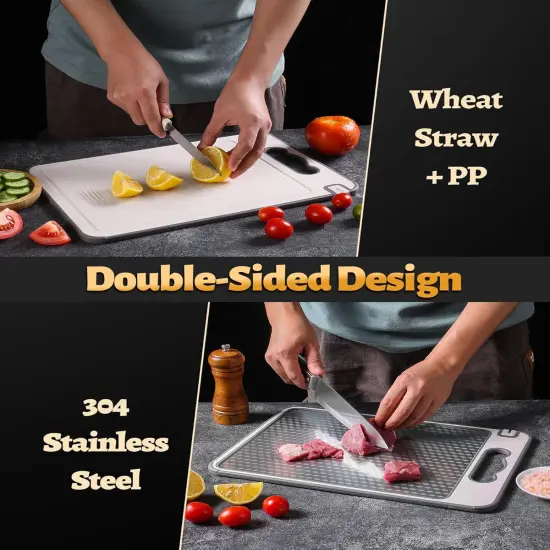 Stainless Steel Cutting Board for Kitchen, Non Toxic Large Chopping Board Double Sided Non-slip Scratch-resistant Mesh Design with Juice Groove Food-Grade Wheat Straw PP 15&times;10 In Easy to Clean {2}