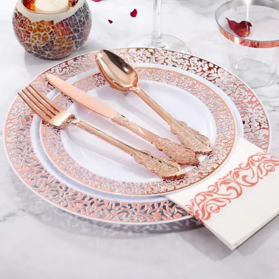 Lace Plastic Dinnerware Set with Silverware & Napkins &ndash; Wedding, Party, Mother&rsquo;s Day {5}