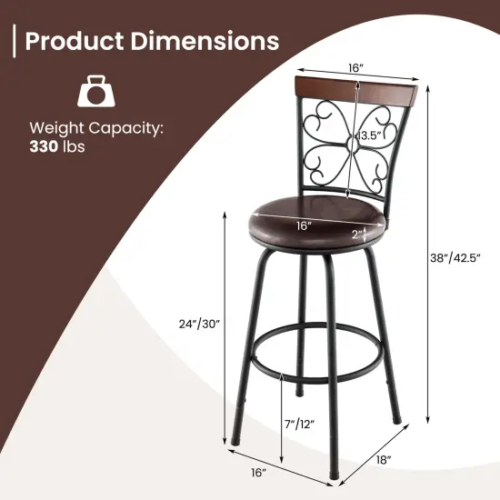 Costway Set of 2 24/30 Inch Adjustable Swivel Barstools Metal Dining Chairs Black&Brown {3}