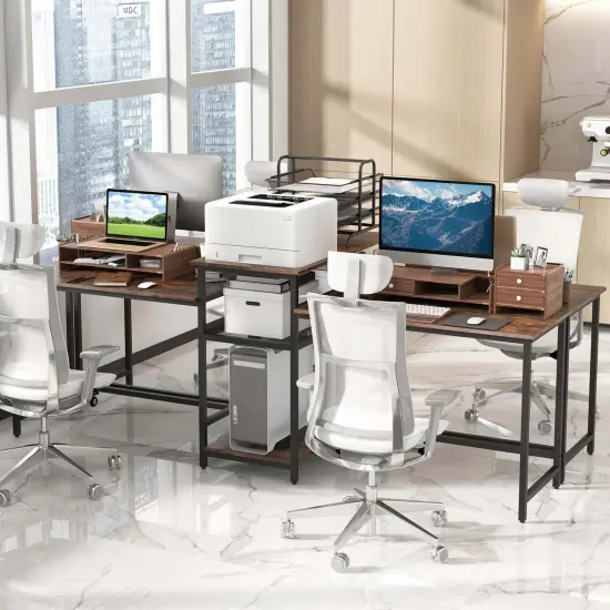 Costway 97 Inch Two Person Desk Double Computer Desk with Power Outlets Printer Stand {2}