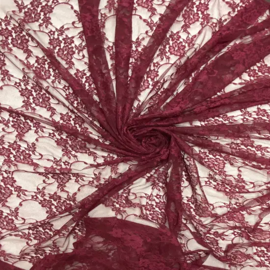 1 Yard Burgundy Floral Lace Fabric 4-Way Stretch Sheer Shimmery Nylon Spandex 58/60" Wide {1}