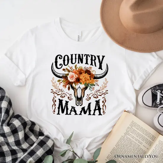 Country Mama Floral Buffalo Skull Vintage T-Shirt, Western Natural and White Women&rsquo;s Tee {7}