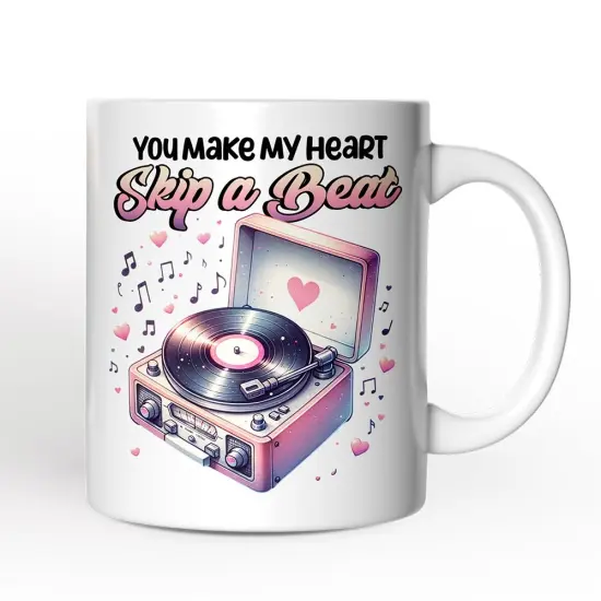 You Make My Heart Skip a Beat Mug, Vintage Turntable Vinyl Record Player Cute Gift {1}