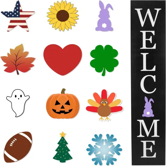 Interchangeable Wooden Porch Welcome Sign with 12 Interchangeable Icons 45"X9" Large Standing Hanging Seasonal Home Decor for Porch Wall Yard Decorations (Black) {1}