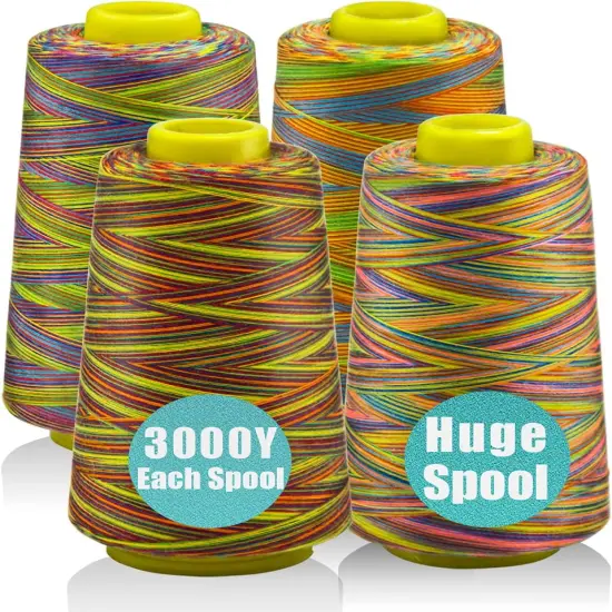 Serger Thread, All-Purpose Thread for Sewing, Rainbow Thread, Variegated Polyester Sewing Thread, 4 Cones of 3000 Yards Each Spool Thread for Sewing Machine Thread {1}