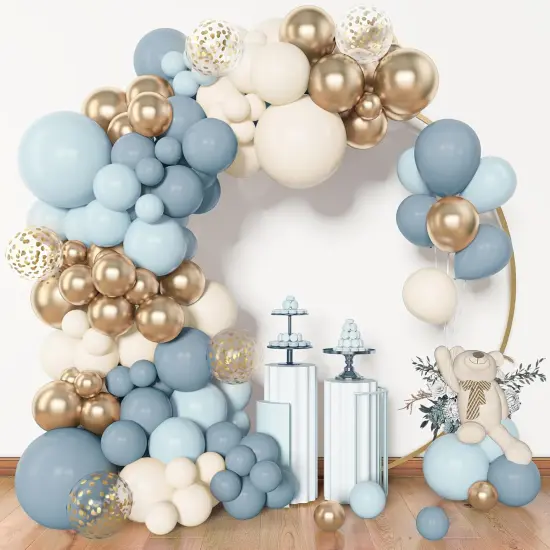 153pcs Dusty Blue Balloon Garland Arch Kit, Different Sizes 18 12 10 5 inch Blue White Sand Latex Metallic Confetti Gold Balloons {1}