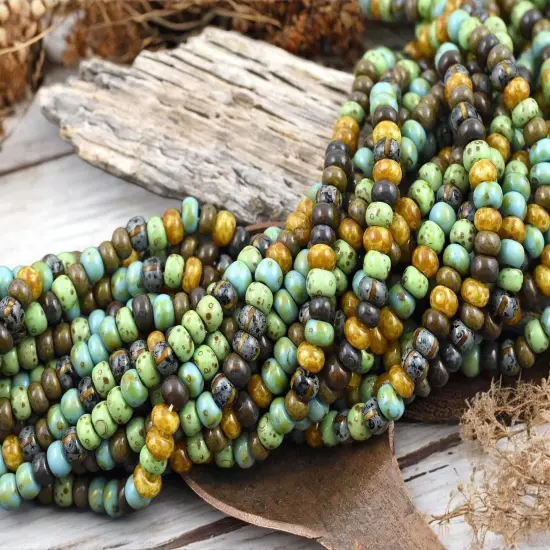 5/0 Aged Jade Striped Picasso Mix Seed Beads (20" Strand) {4}