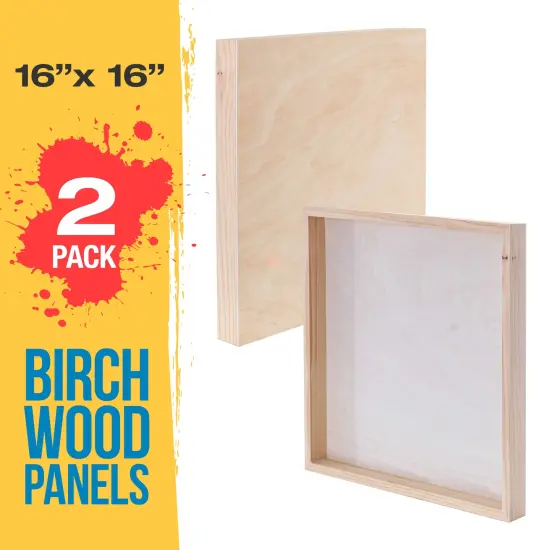 Unfinished Cradled Wood Panels for Painting, 2 Pack of 16x16 inch - Gallery Birch Wooden Canvas Boards 1-1/2" Deep - Mixed-Media Craft, Acrylic, Oil, Encaustic, Paint Pouring {2}