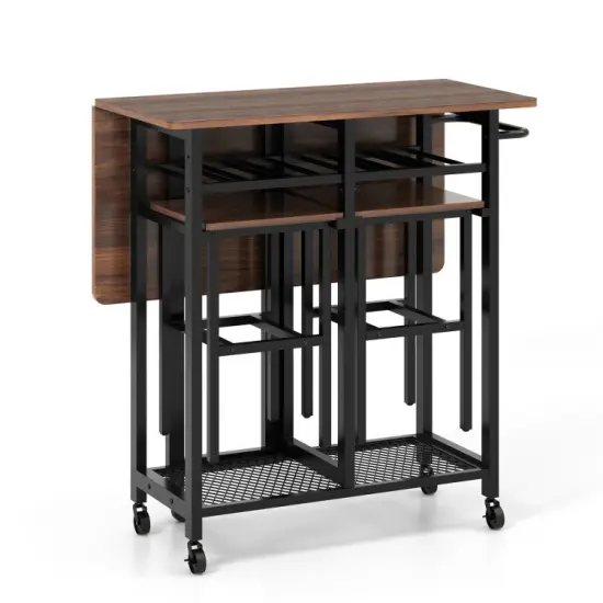 Engineered Wood Metal Dining Table Set with Extendable Top Wine Rack and Space-Saving Stools White {8}