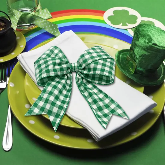 2 Rolls Buffalo Plaid Wired Edge Ribbons 2.5 Inch Wide St Patrick's Day Green Fabric Ribbons Irish Festival Burlap Ribbons for Gift Wrapping Wreath Party Decoration DIY Craft Supplies, 12 Yards {5}