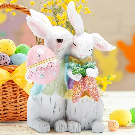 Easter Bunny Hand-Carved Romantic Couple Decorations Spring Easter Rabbit Decors Figurines Tabletopper Decorations for Party Home Holiday Cute Rabbit Easter Day Couple Gifts Decor {4}