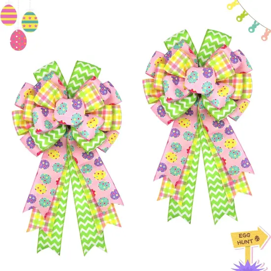 Large Easter Bows for Wreath 20x11 Inch, 2 Pack Pre-Tied Easter Egg Wired Ribbon Bow, Big Tree Topper Bow for Front Door Indoor Outdoor Spring Summer Decoration (Yellow) {1}