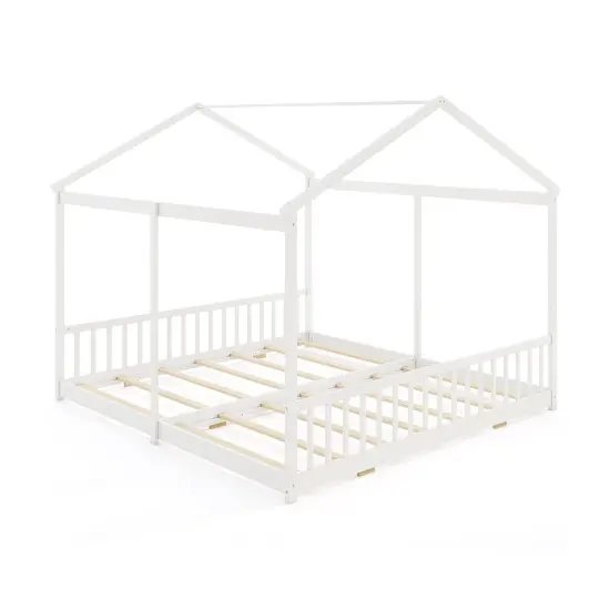 Double Floor Bed for Twins House Beds with Safety Guardrails for 2 Kids-White {1}