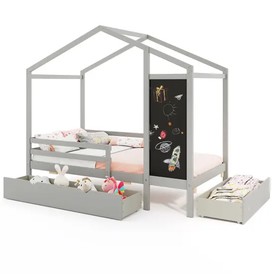 Wooden Twin House Bed with Storage Drawers Blackboard and Guardrails for Kids Grey {4}