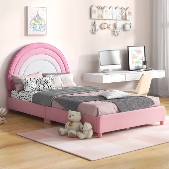 Velvet Kids Twin Bed with Adjustable Headboard Sturdy Wooden Frame and Soft Upholstery White & Pink {3}