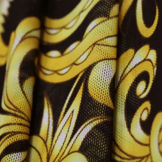 Gold Black Baroque Printed Power Mesh Fabric {4}