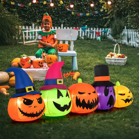 9 Feet Inflatable Pumpkin Patch Family with Built-in LED Lights and Witch Hats {2}