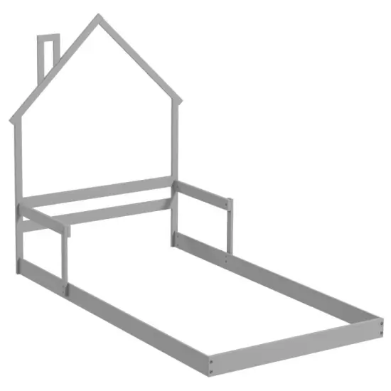 Twin Size Floor Bed with Chimney and Headboard and Handrail-White Grey {4}