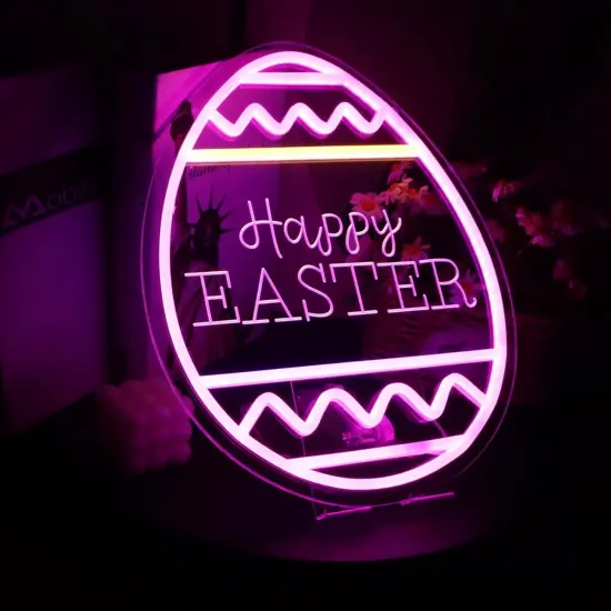 Happy Easter Neon Sign Easter Festival Lighted Window Decorations LED Aesthetic Living Room Decor Rabbit Decorative Neon Window Lights for Girls Kids Bedroom Wall Home {2}