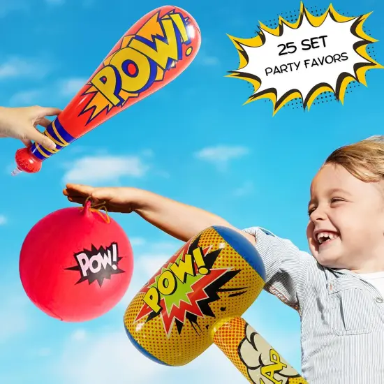 4E's Novelty 25 Piece Set Inflatable Baseball Bats With Pow Design, 12 Punch Balloons For Kids, 1 Huge 30" Bopper For Super Hero Birthday Bat, Carnival Prizes, And Baseball Bat Blow Up Fun, Ages 3+ {2}