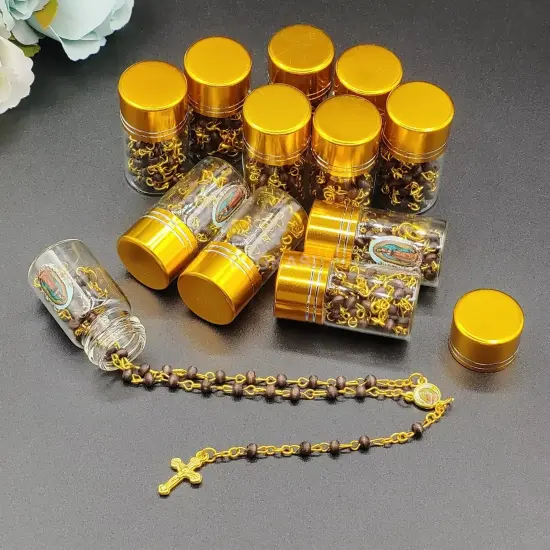12 Black Beads Rosary Crucifix Cross in Glass Bottle Beaded Baptism Christiening {3}