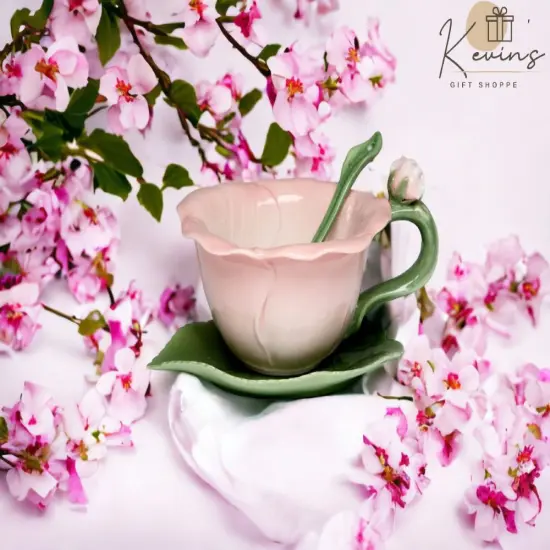 Ceramic Hibiscus Flower Cup and Saucer and Spoon-1 Set, Gift for Her, Gift for Mom, Gift for Friend or Coworker, Tea Party Décor, Café Decor {1}