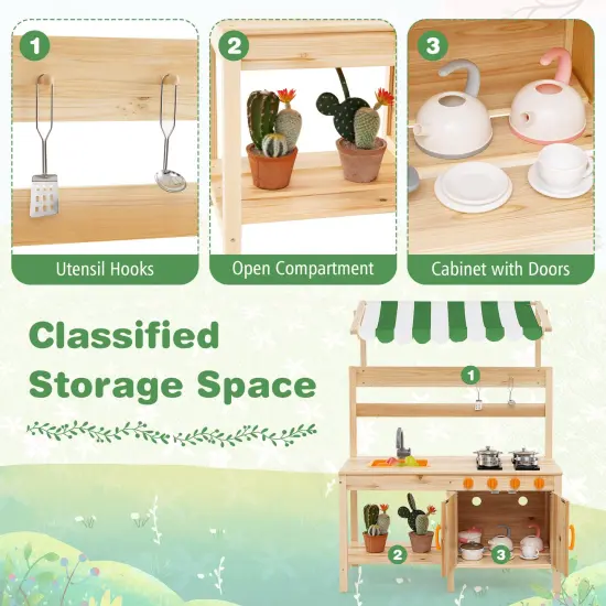 Natural Fir Wood Mud Kitchen with Canopy, Sink, and 4 Stoves &ndash; Outdoor Play Kitchen {6}