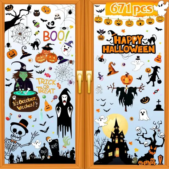 671 PCS Halloween Window Clings, 10 Sheets Large Halloween Window Decorations {1}