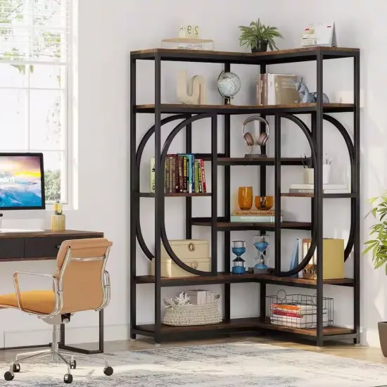 69" Tall L Shape Corner Bookshelf with 14 Open Shelves and Metal Frame for Living Room or Office Use {5}