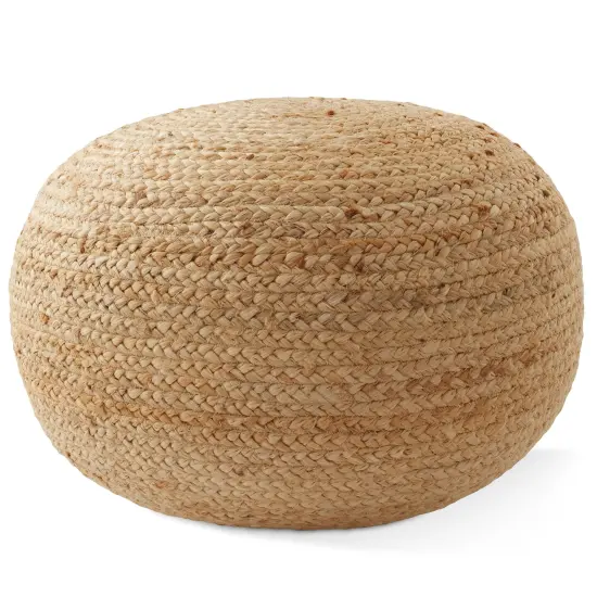 Hand-Braided Jute Pouf Ottoman Footrest, 19" Round x 10-1/2" High, Natural Woven Boho Floor Cushion, Home Decor for Living Room, Bedroom, Apartment {1}