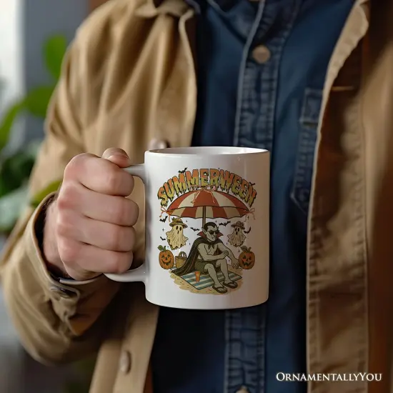 Summerween Vampire Dracula Mug, Retro Halloween Beach Gift for Horror Spooky Summer Season {1}