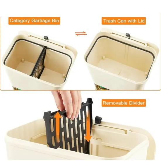 Cream Polypropylene 5-Gallon Wheeled Trash Can with Dual Compartments and Heavy Duty Design {2}