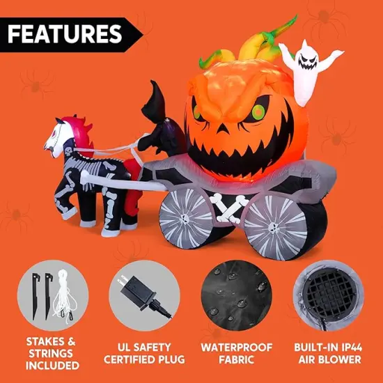 Halloween Inflatables Pumpkin Carriage Outdoor Decorations, Blow Up Pumpkin Carriage with Build-in LEDs {4}
