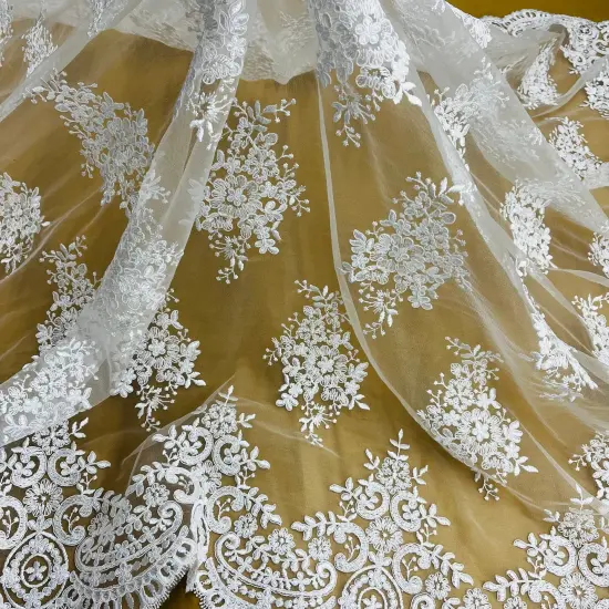 1 Yard White Elegant Corded Bridal Lace Fabric Embroidered on 100% Polyester Net Mesh 56" Width {1}