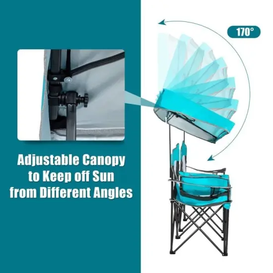 Steel Folding 2-Seater Camping Chair with Canopy and Cooler Turquoise Blue {4}