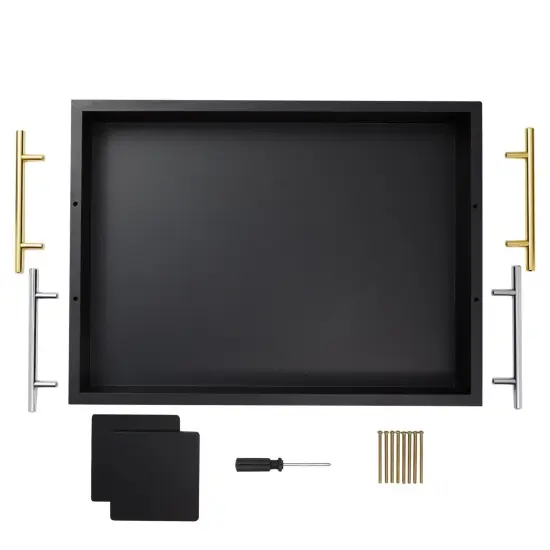 Black Serving Tray for Coffee Table, 16x12" with Coasters, Decorative Interchangeable Gold andSilver Handles {7}