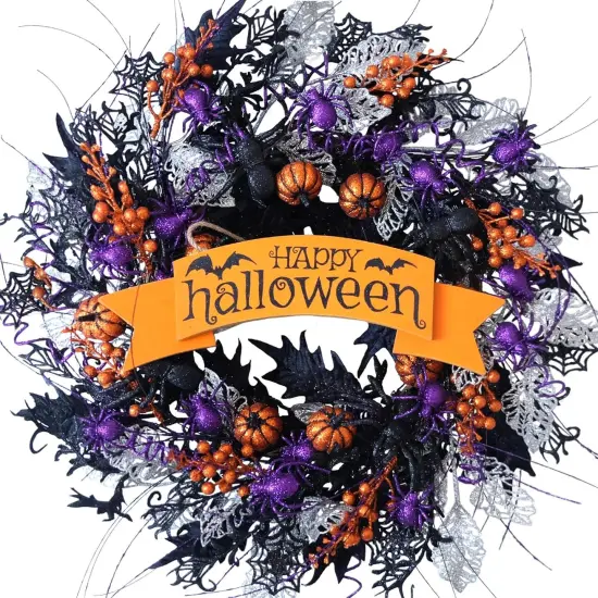 22 Inch Glitter Pumpkin Spider Wreath {1}
