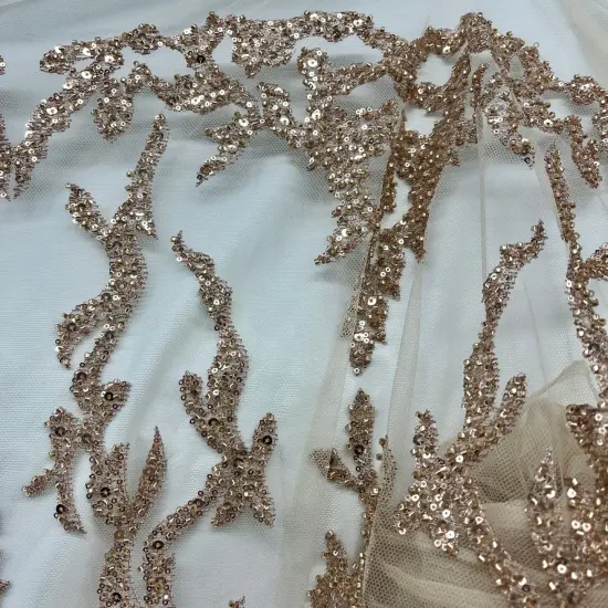 1 Yard Rose Gold Beaded Lace Fabric, Embroidered Polyester Mesh, 52" Wide Hunter Green Color {2}