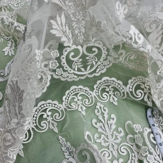 1 Yard Elegant Beaded and Corded Bridal Lace Fabric Embroidered on Polyester Net Mesh 51" Width Ivory {5}