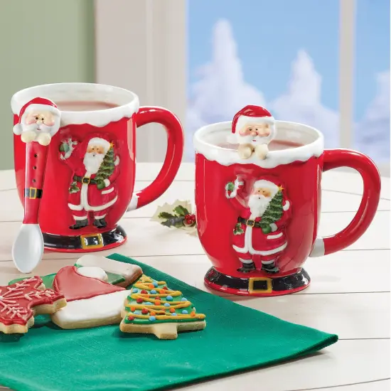 Collections Etc Red Santa Mugs with Spoons - Set of 2 {1}