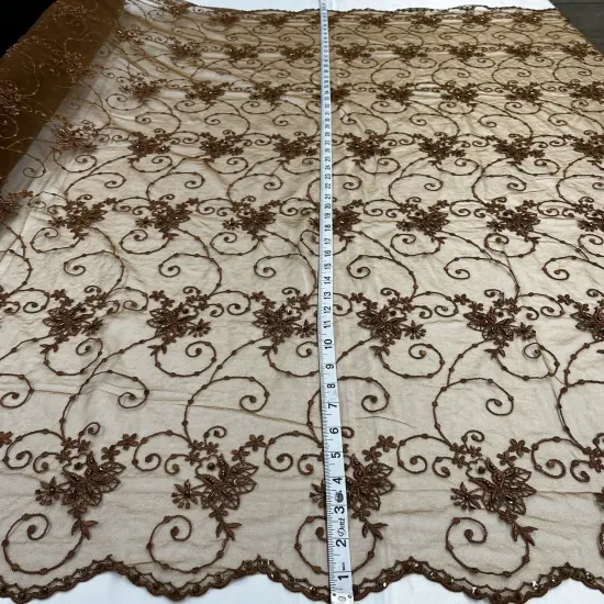 1 Yard Beaded Lace Fabric Embroidered Pearl Sequin Tulle Mesh Dress 52" Width Brown {1}