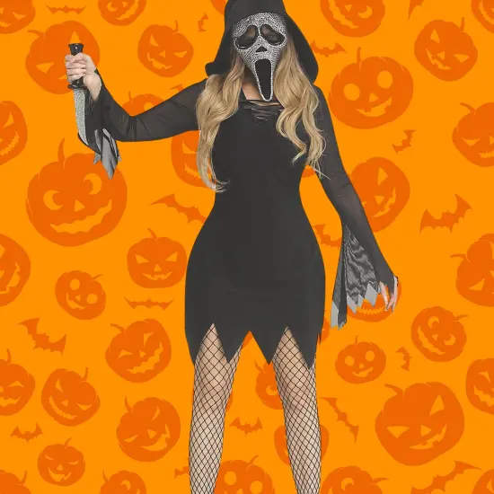 Women&rsquo;s Black Sparkle Ghost Face Bling Mini Dress Costume {3}