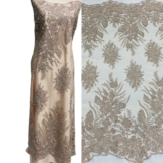 1 Yard Beaded Lace Fabric Embroidered on 100% Polyester Net Mesh, Blush, 48" Width Grey {2}