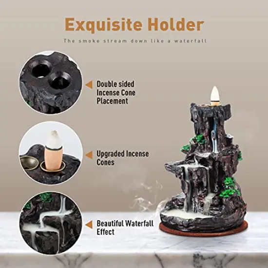 Dual Sided Incense Burner, Resin River Tower Backflow Incense Holder, Cool Aromatherapy Incense Fountain Smoke Mountain Waterfall with 120 Upgraded Incense Cones+30 Incense Sticks {3}