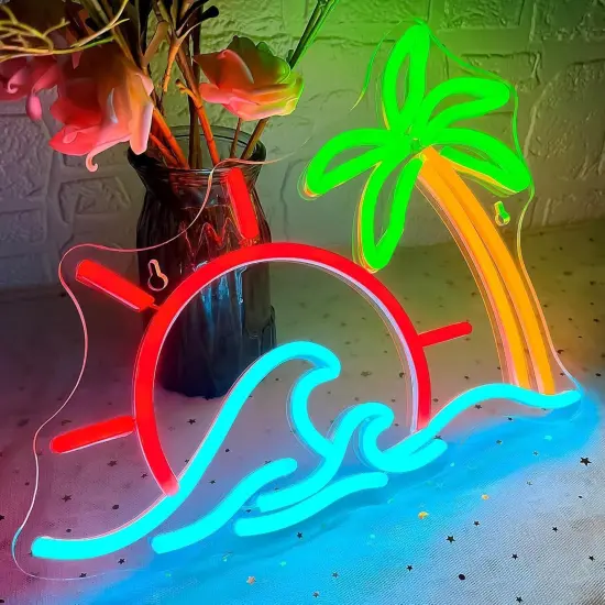 Summer Sunrise Sunset Neon Sign &ndash; Coconut Tree & Wave LED Light for Beach Home & Party Decor {2}