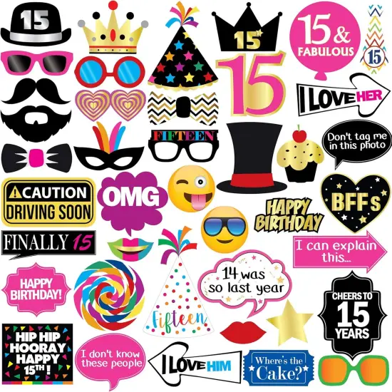 15th Birthday Photo Booth Party Props - 40 Pieces - Funny Kids Birthday Party Supplies, Decorations and Favors {1}