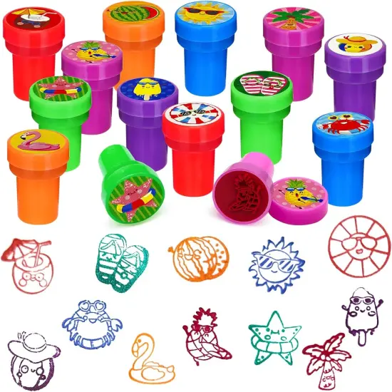 24 PCS Summer Beach Party Stampers，Flamingo Pineapple Pool Party Favors for Kids, Hawaiian Luau Supplies, Classroom Rewards, Carnival Prizes, Goodie Bag Pinata Fillers {1}
