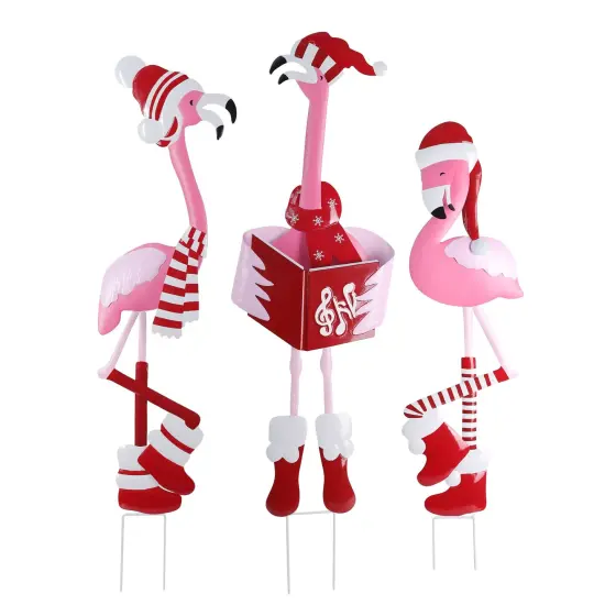 Haute Decor Outdoor Christmas Caroling Flamingos Trio Yard Decor - Sturdy Weatherproof Metal Construction, 3 Holiday Flamingos, Yard Stakes Included {1}